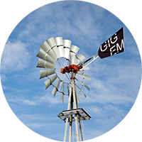 A windmill with “Gig em” written on the tail at the Leach Teaching Gardens.