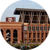 The red-brick architecture of the Kyle Field football stadium.