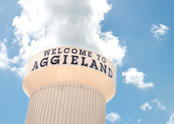 The Welcome to Aggieland Water Tower is a symbol of College Station’s hometown vibes.