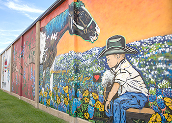 A mural of a horse and a boy in a field of flowers is part of a collection that showcases the city of Bryan, Texas’ history, including forms of commerce, culture, and the community.